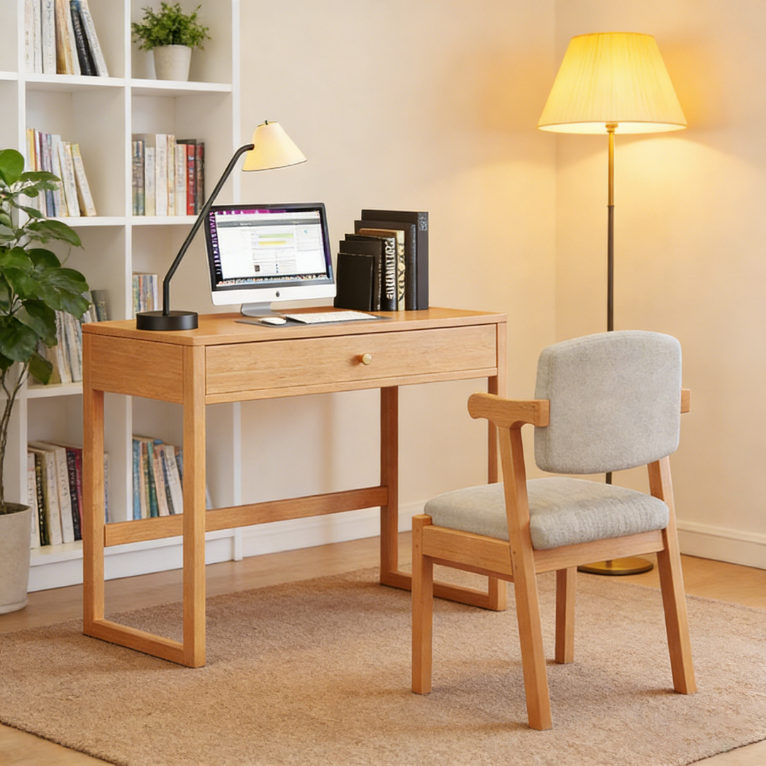 Moderne minimalistische rechteckige Schreibtische aus Gummibaumholz mit 1/2-Schublade für das Home Office 