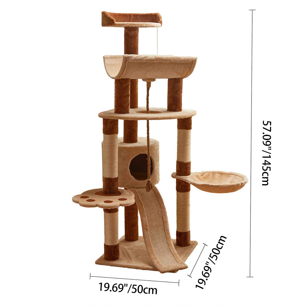 Modern Minimalist Particle Board Velvet Cardboard Tube Sisal Rope Square Cat Tree &amp; Condo 1-Hammock 3-Condo 4-Scratching Post 1-Ladder 2-Perch For Living Room