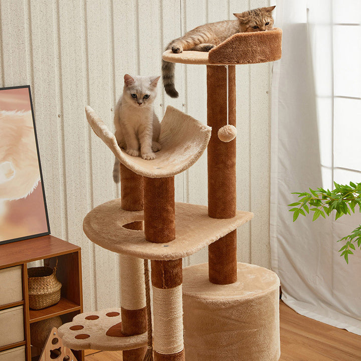 Modern Minimalist Particle Board Velvet Cardboard Tube Sisal Rope Square Cat Tree &amp; Condo 1-Hammock 3-Condo 4-Scratching Post 1-Ladder 2-Perch For Living Room