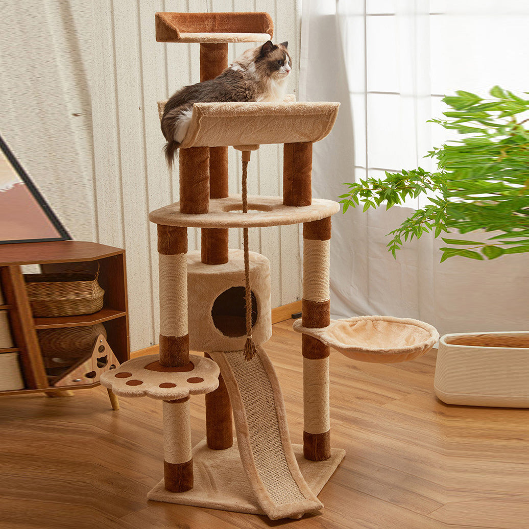 Modern Minimalist Particle Board Velvet Cardboard Tube Sisal Rope Square Cat Tree &amp; Condo 1-Hammock 3-Condo 4-Scratching Post 1-Ladder 2-Perch For Living Room