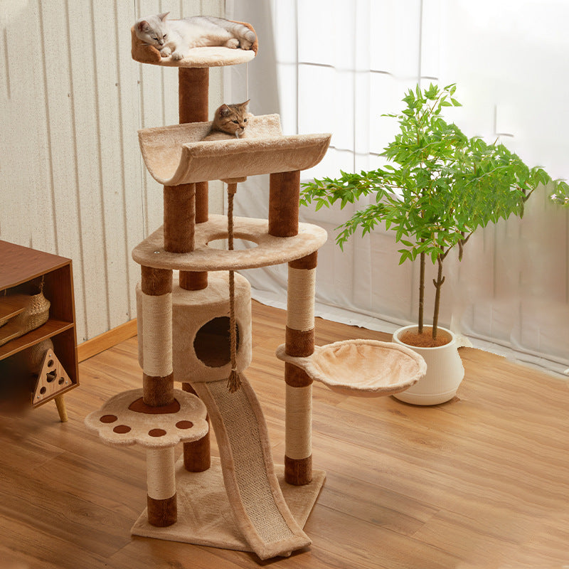 Modern Minimalist Particle Board Velvet Cardboard Tube Sisal Rope Square Cat Tree &amp; Condo 1-Hammock 3-Condo 4-Scratching Post 1-Ladder 2-Perch For Living Room
