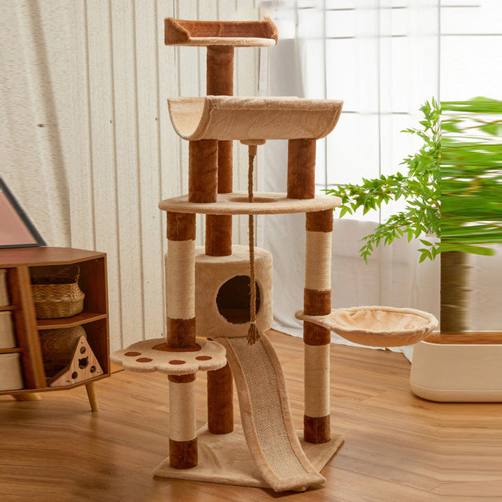 Modern Minimalist Particle Board Velvet Cardboard Tube Sisal Rope Square Cat Tree &amp; Condo 1-Hammock 3-Condo 4-Scratching Post 1-Ladder 2-Perch For Living Room