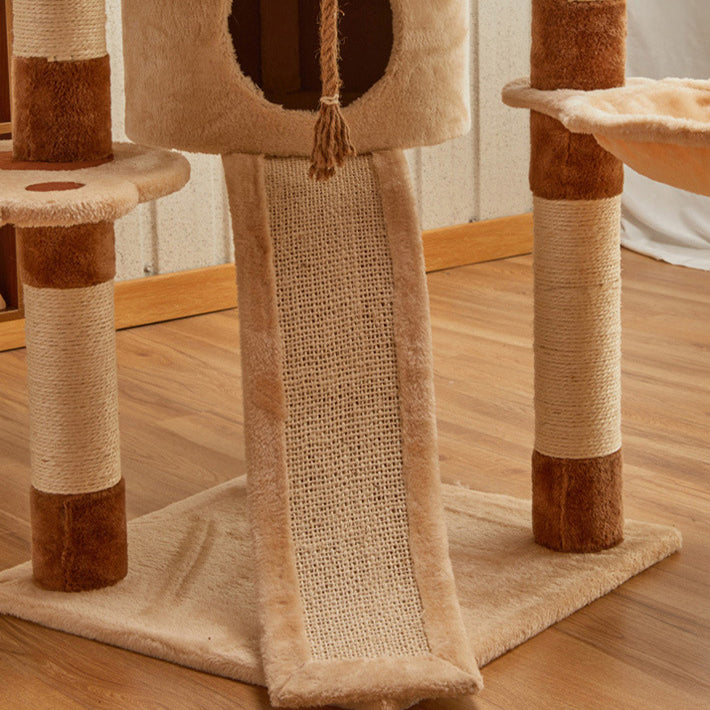 Modern Minimalist Particle Board Velvet Cardboard Tube Sisal Rope Square Cat Tree &amp; Condo 1-Hammock 3-Condo 4-Scratching Post 1-Ladder 2-Perch For Living Room