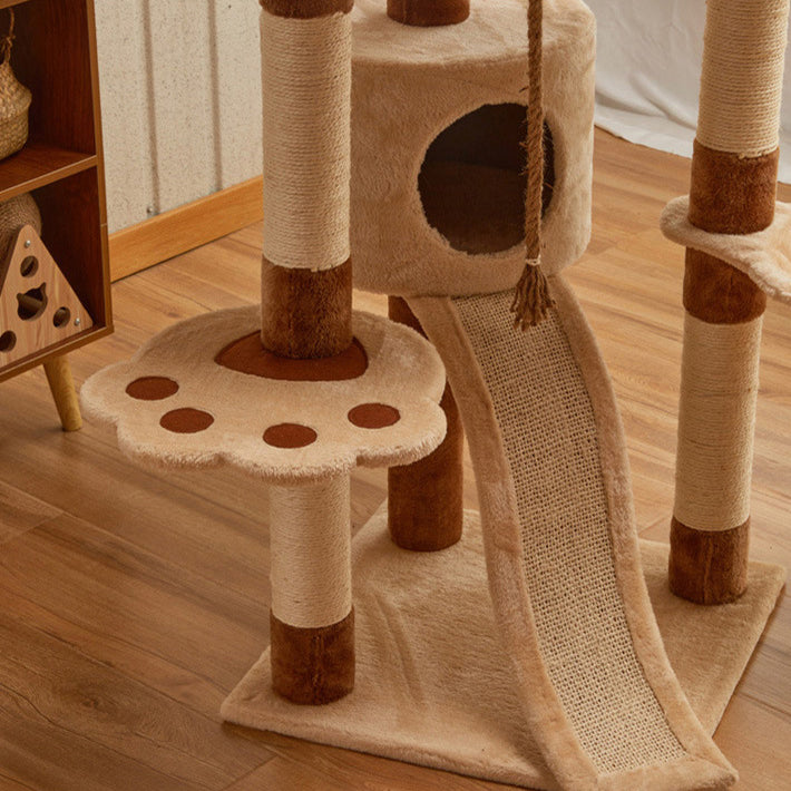 Modern Minimalist Particle Board Velvet Cardboard Tube Sisal Rope Square Cat Tree &amp; Condo 1-Hammock 3-Condo 4-Scratching Post 1-Ladder 2-Perch For Living Room