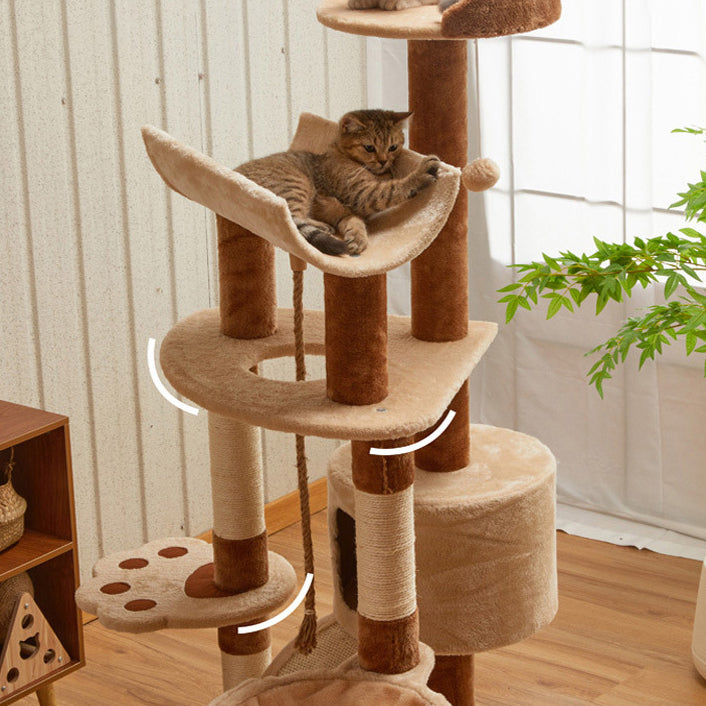 Modern Minimalist Particle Board Velvet Cardboard Tube Sisal Rope Square Cat Tree &amp; Condo 1-Hammock 3-Condo 4-Scratching Post 1-Ladder 2-Perch For Living Room