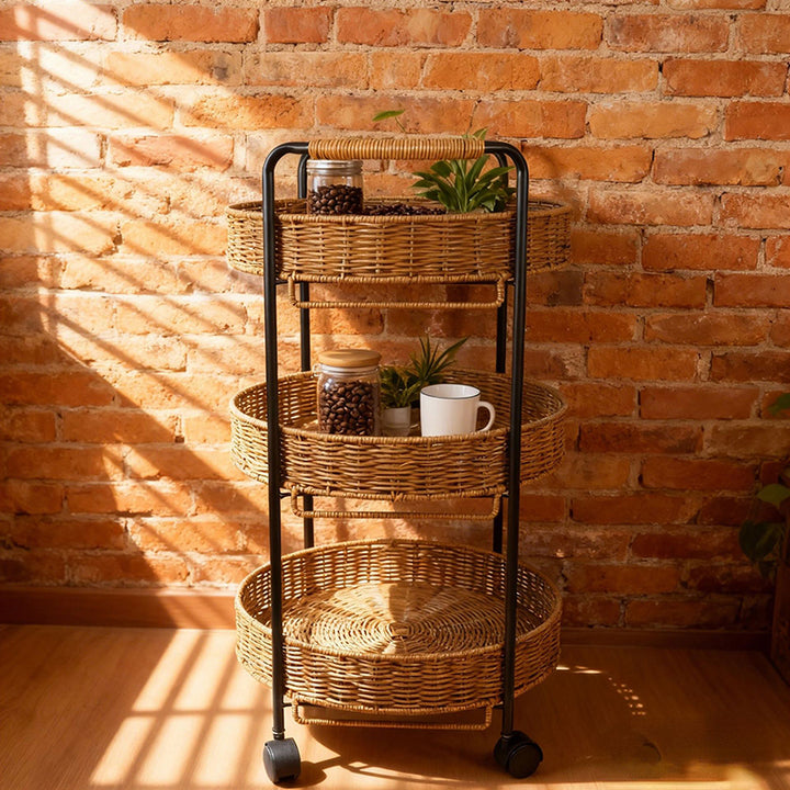 Moderner minimalistischer runder beweglicher Beistelltisch aus PE-Rattan und Karbonstahl, 3-stufig, für das Wohnzimmer 