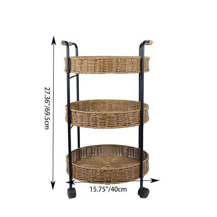 Moderner minimalistischer runder beweglicher Beistelltisch aus PE-Rattan und Karbonstahl, 3-stufig, für das Wohnzimmer 