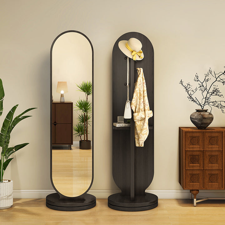 Moderner minimalistischer Garderobenständer aus Spanplatte und Glas, rund, drehbar, mit Ganzkörperspiegel für Schlafzimmer und Wohnzimmer 
