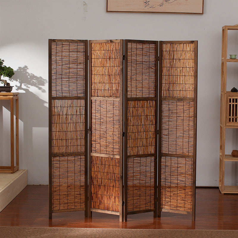 Traditional Farmhouse Pinewood Reed Rectangular Weaving Foldable Room Divider For Living Room