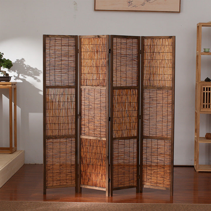 Traditional Farmhouse Pinewood Reed Rectangular Weaving Foldable Room Divider For Living Room