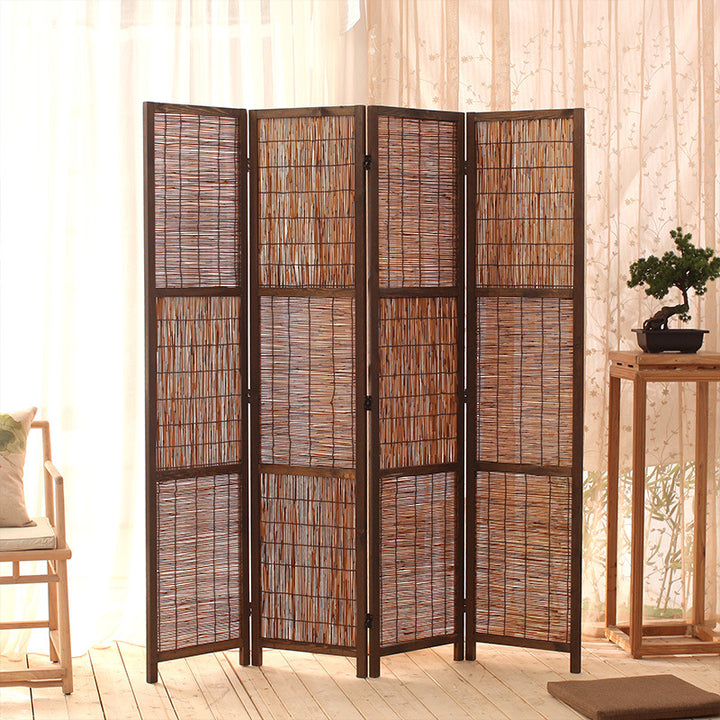 Traditional Farmhouse Pinewood Reed Rectangular Weaving Foldable Room Divider For Living Room