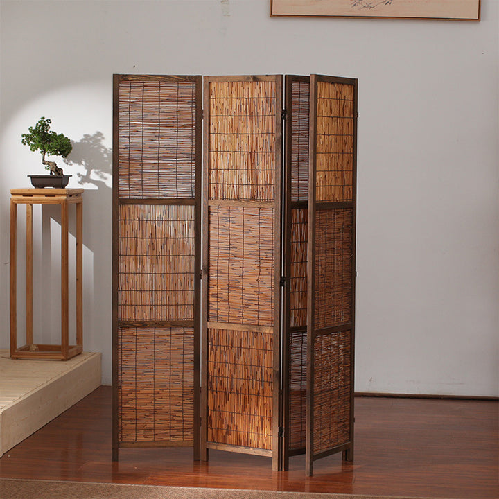 Traditional Farmhouse Pinewood Reed Rectangular Weaving Foldable Room Divider For Living Room