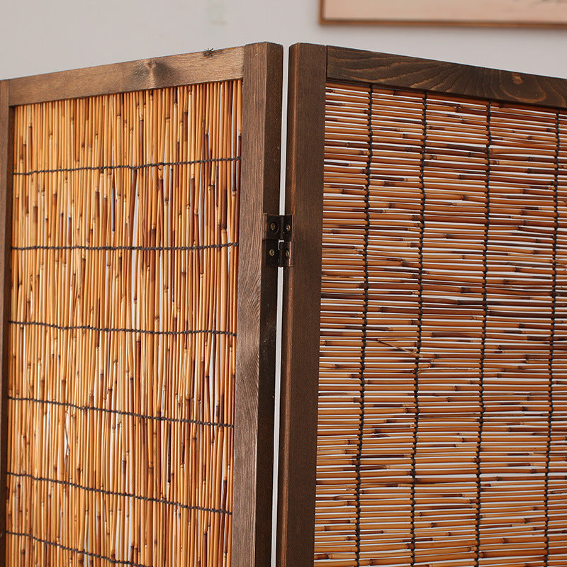 Traditional Farmhouse Pinewood Reed Rectangular Weaving Foldable Room Divider For Living Room