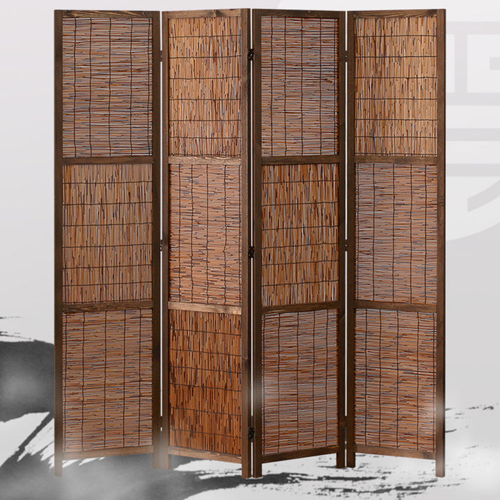 Traditional Farmhouse Pinewood Reed Rectangular Weaving Foldable Room Divider For Living Room