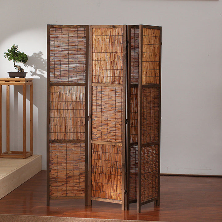 Traditional Farmhouse Pinewood Reed Rectangular Weaving Foldable Room Divider For Living Room