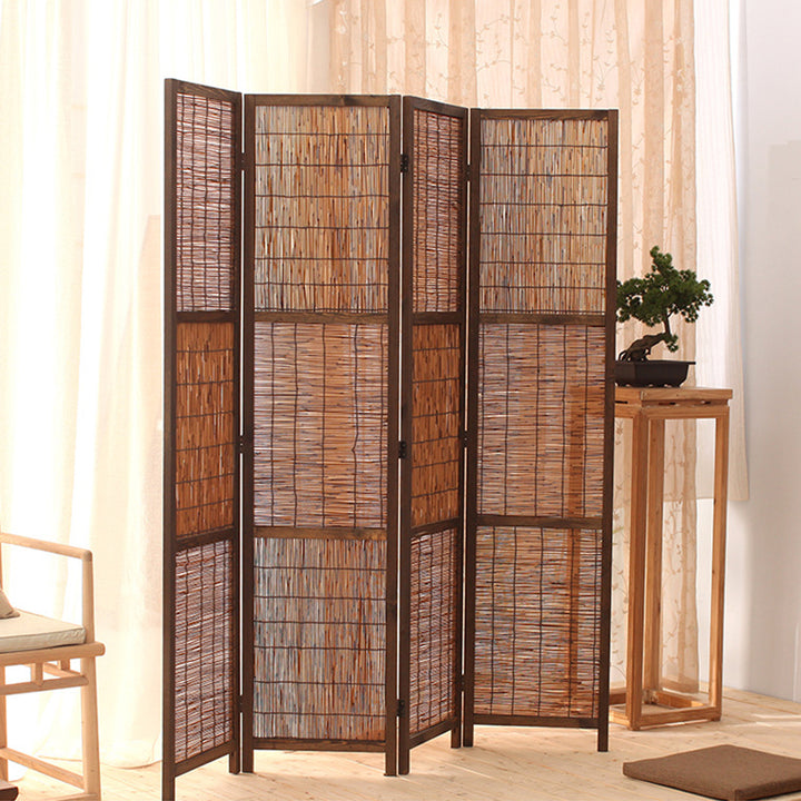 Traditional Farmhouse Pinewood Reed Rectangular Weaving Foldable Room Divider For Living Room