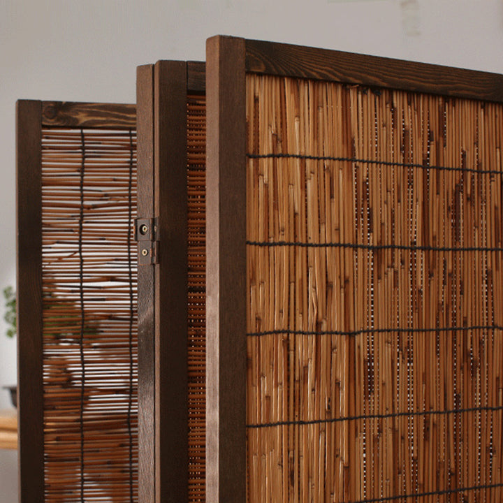Traditional Farmhouse Pinewood Reed Rectangular Weaving Foldable Room Divider For Living Room