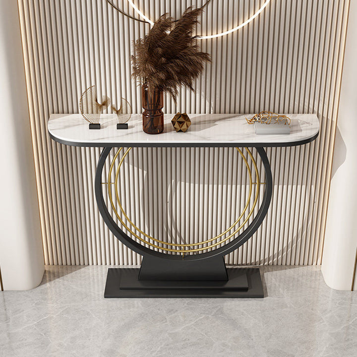 Modern Luxury Iron Stone Slab Curved Rectangular Console Table For Entryways