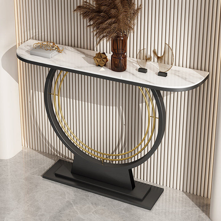 Modern Luxury Iron Stone Slab Curved Rectangular Console Table For Entryways