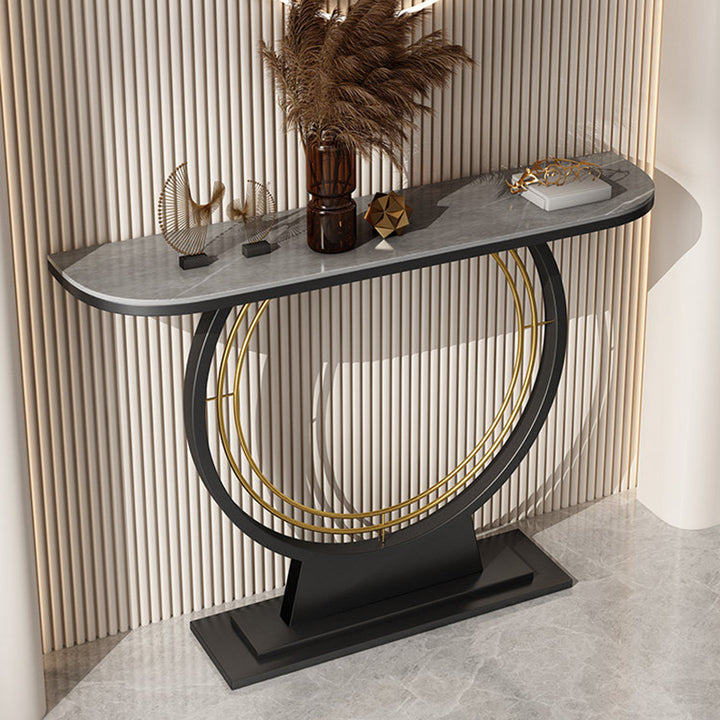 Modern Luxury Iron Stone Slab Curved Rectangular Console Table For Entryways