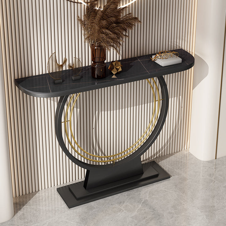 Modern Luxury Iron Stone Slab Curved Rectangular Console Table For Entryways