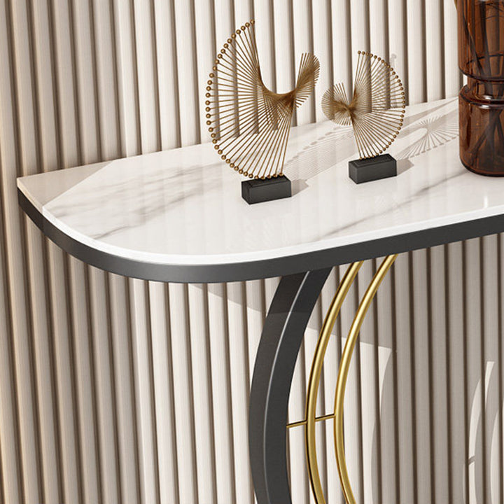 Modern Luxury Iron Stone Slab Curved Rectangular Console Table For Entryways