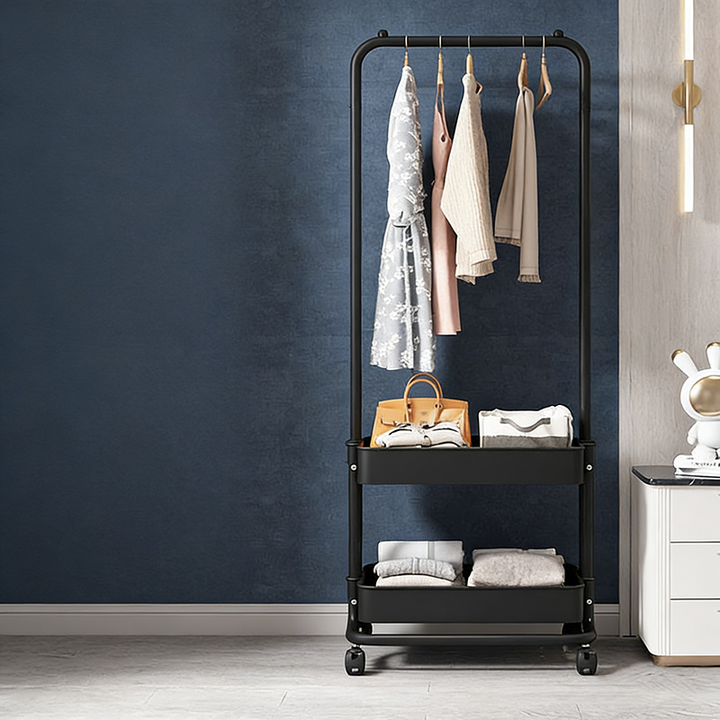 Moderner minimalistischer Hallenständer aus Kunststoff, Stahl und Eisen, rechteckig, beweglich, 2-stufiger Stauraum für Wohnzimmer und Schlafzimmer 