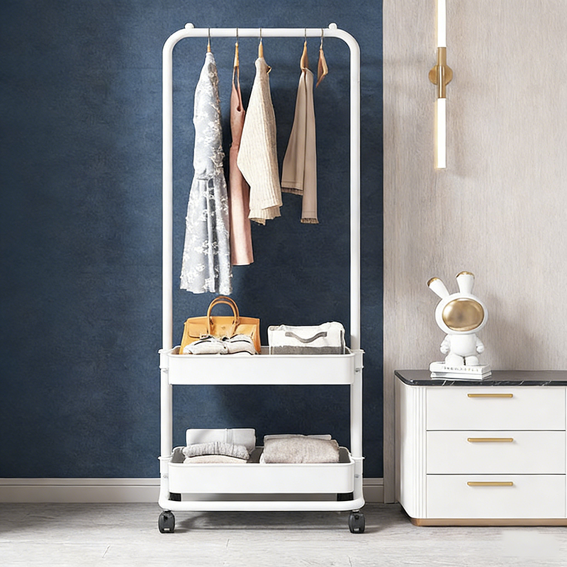 Moderner minimalistischer Hallenständer aus Kunststoff, Stahl und Eisen, rechteckig, beweglich, 2-stufiger Stauraum für Wohnzimmer und Schlafzimmer 