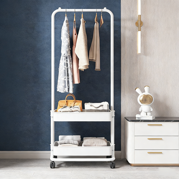 Moderner minimalistischer Hallenständer aus Kunststoff, Stahl und Eisen, rechteckig, beweglich, 2-stufiger Stauraum für Wohnzimmer und Schlafzimmer 