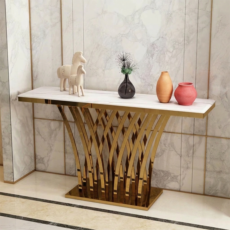 Modern Luxury Stainless Steel Artificial Marble Rectangular Console Table For Entryway
