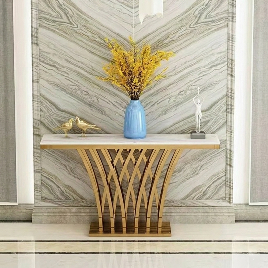 Modern Luxury Stainless Steel Artificial Marble Rectangular Console Table For Entryway