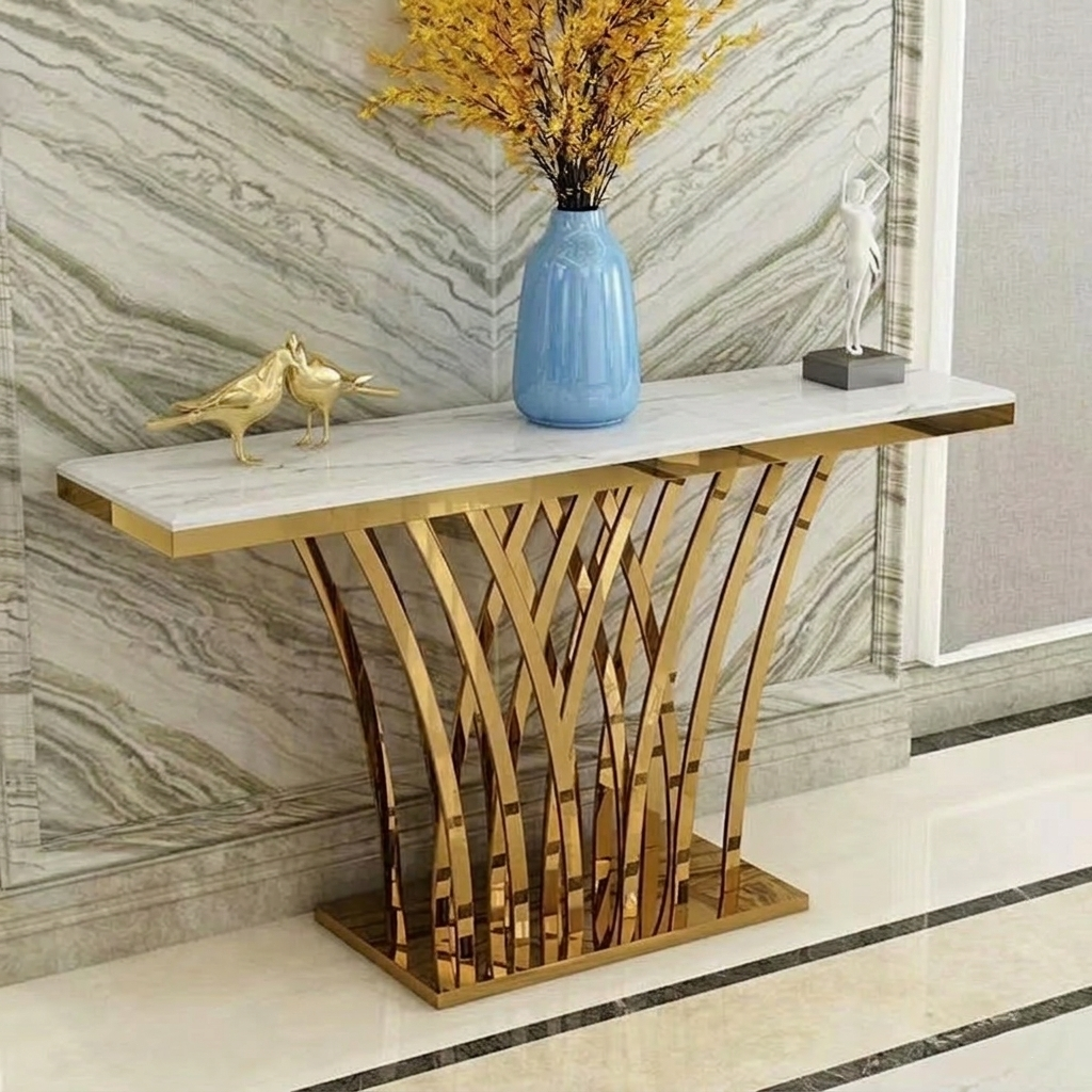 Modern Luxury Stainless Steel Artificial Marble Rectangular Console Table For Entryway