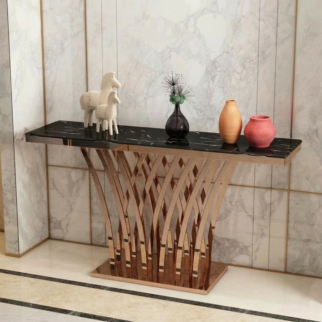 Modern Luxury Stainless Steel Artificial Marble Rectangular Console Table For Entryway