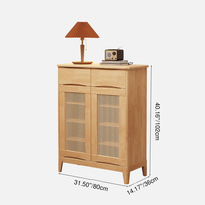 Moderner minimalistischer Schuhschrank aus Gummibaum-Multilagenholzpaneelen und Rattan-Optik, rechteckig, 3-stufig, für den Eingangsbereich 