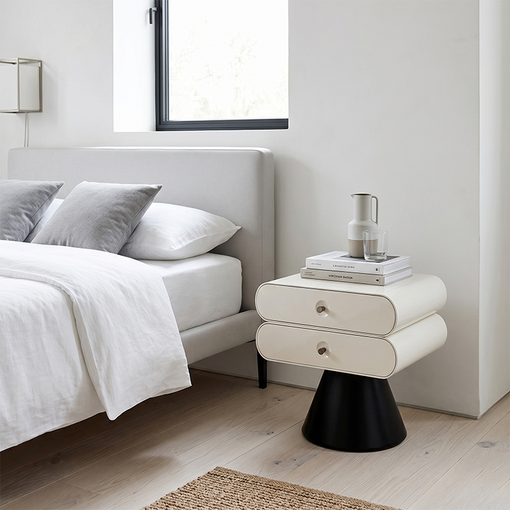 Contemporary Tapered Legs & Curved Edges Nightstand - Nordic Stylish Black And White Bedside Table With 2 Drawers For Bedroom