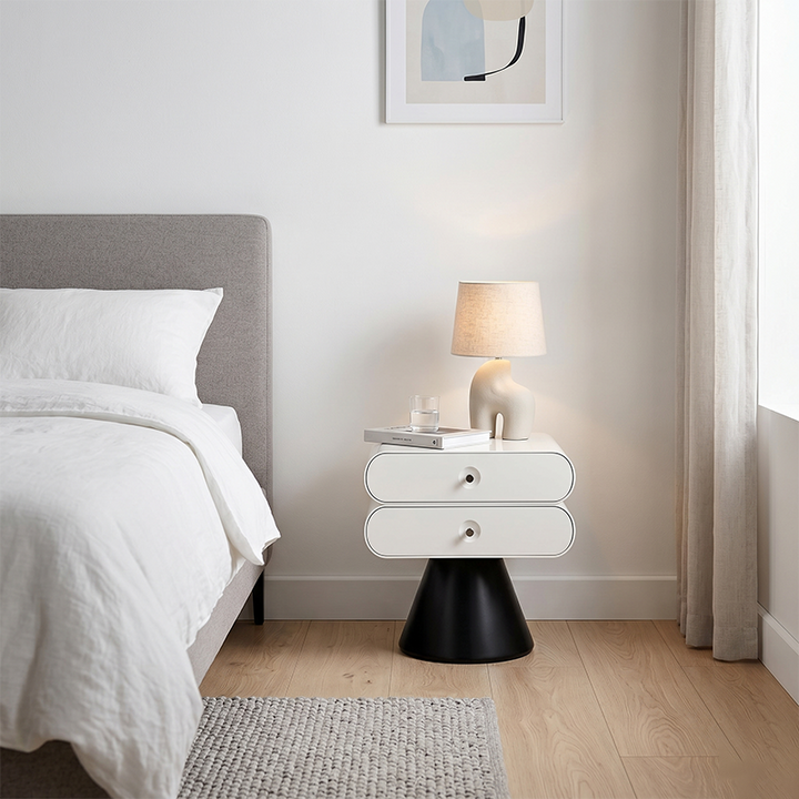 Contemporary Tapered Legs & Curved Edges Nightstand - Nordic Stylish Black And White Bedside Table With 2 Drawers For Bedroom
