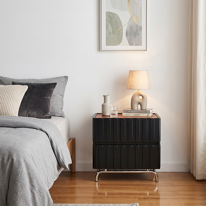 Sleek Vertical Stripes Design Nightstand - Nordic Bedside Table With Rectangular Design & 2 Spacious Drawers, Black & White Color Choices For Bedroom