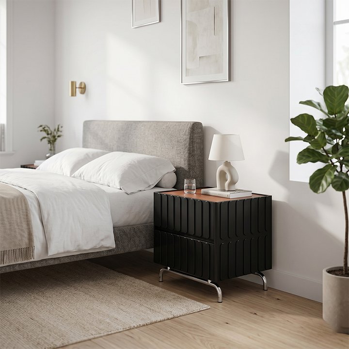 Sleek Vertical Stripes Design Nightstand - Nordic Bedside Table With Rectangular Design & 2 Spacious Drawers, Black & White Color Choices For Bedroom