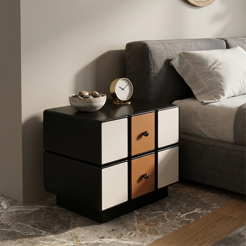 Contemporary Geometric MDF Nightstand - Retro Color Contrast Panels Bedside Table With 2 Drawers &amp; Circular Handles For Bedroom