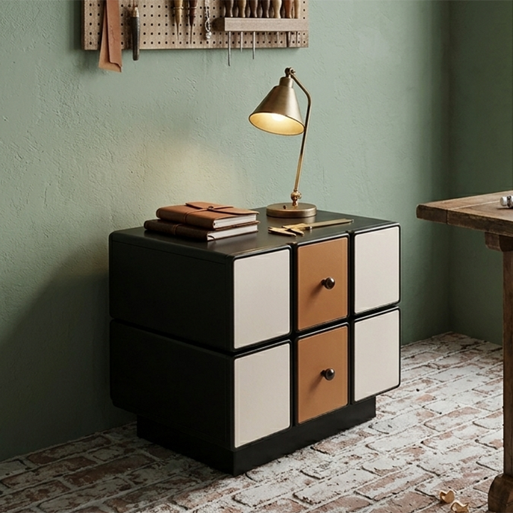 Contemporary Geometric MDF Nightstand - Retro Color Contrast Panels Bedside Table With 2 Drawers & Circular Handles For Bedroom