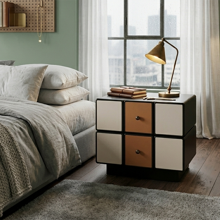 Contemporary Geometric MDF Nightstand - Retro Color Contrast Panels Bedside Table With 2 Drawers & Circular Handles For Bedroom