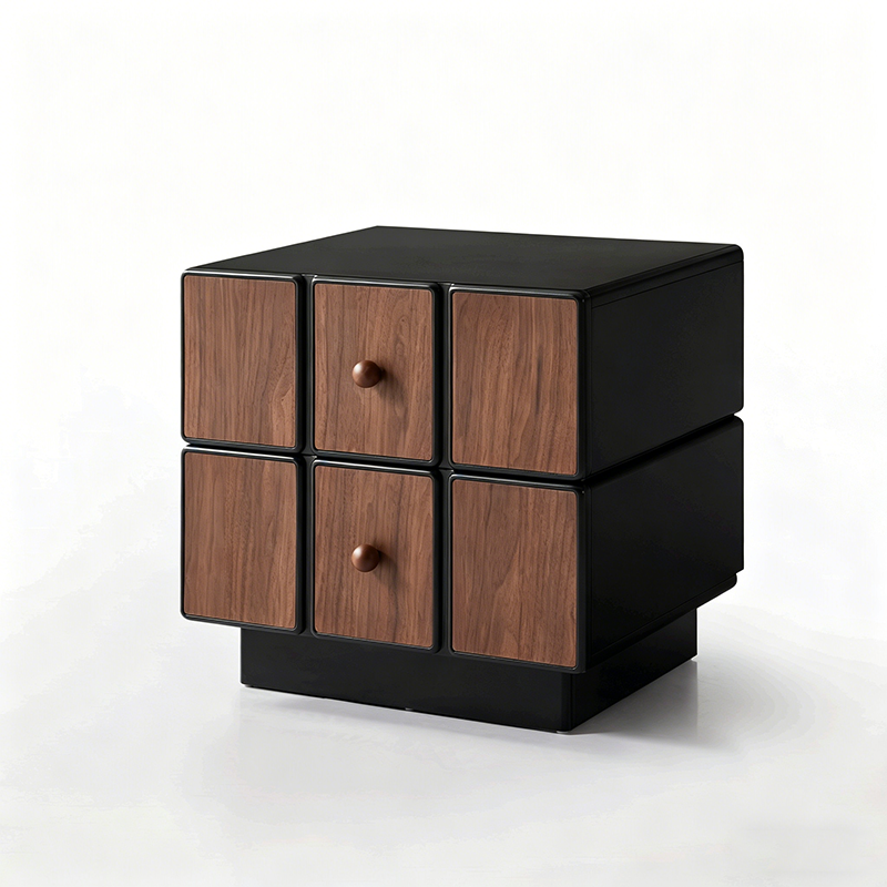 Contemporary Geometric MDF Nightstand - Retro Color Contrast Panels Bedside Table With 2 Drawers &amp; Circular Handles For Bedroom