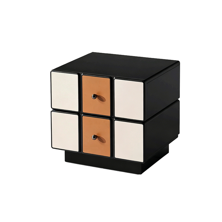 Contemporary Geometric MDF Nightstand - Retro Color Contrast Panels Bedside Table With 2 Drawers &amp; Circular Handles For Bedroom