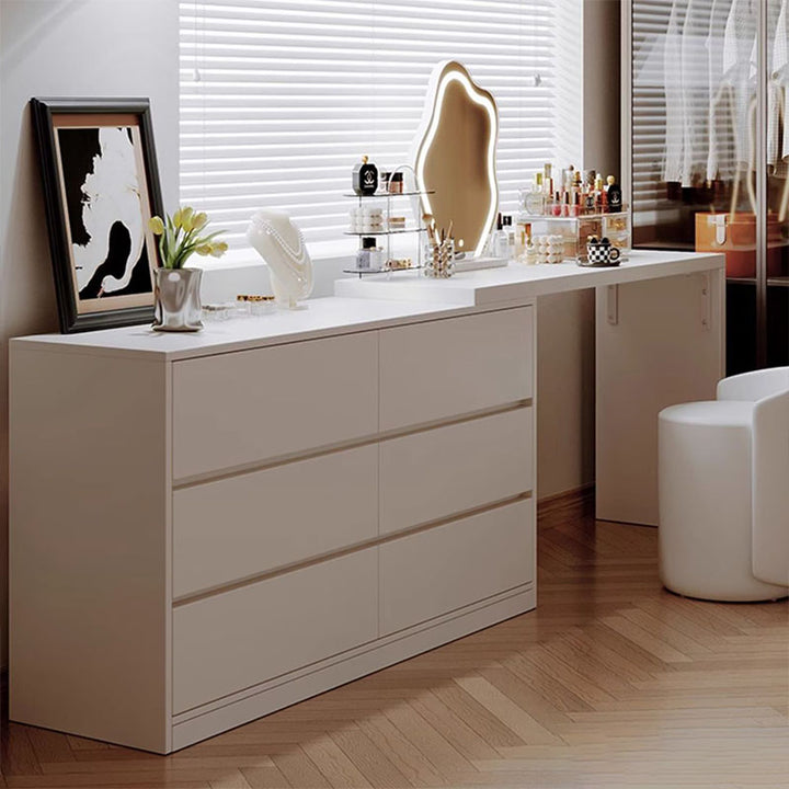 Modern Minimalist Pine Plywood MDF Rectangular Extendable Makeup Vanity 6-Drawer For Bedroom