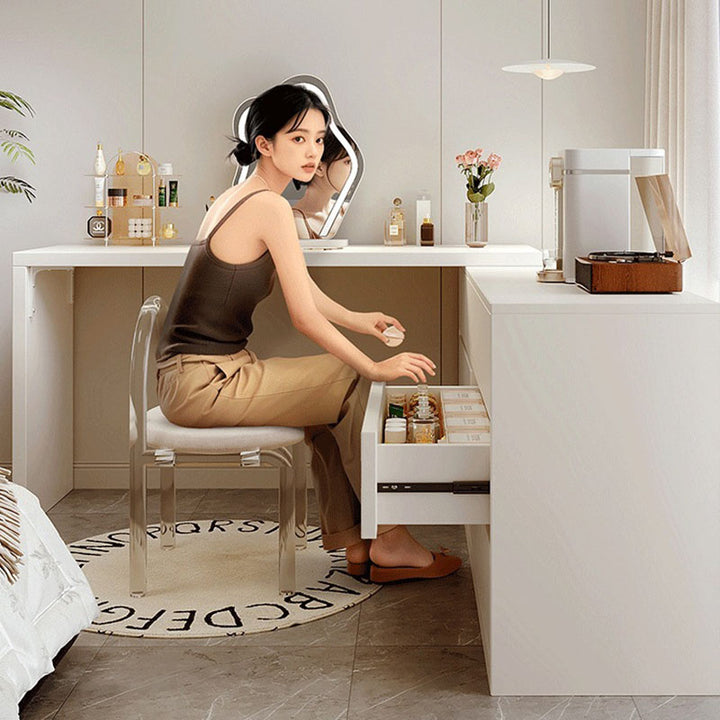 Modern Minimalist Pine Plywood MDF Rectangular Extendable Makeup Vanity 6-Drawer For Bedroom