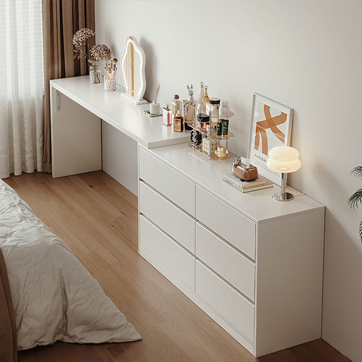 Modern Minimalist Pine Plywood MDF Rectangular Extendable Makeup Vanity 6-Drawer For Bedroom