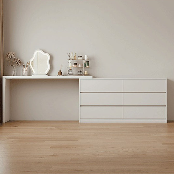 Modern Minimalist Pine Plywood MDF Rectangular Extendable Makeup Vanity 6-Drawer For Bedroom