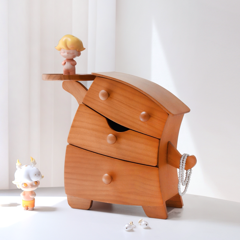 Zeitgenössische kreative Desktop-Aufbewahrung mit 3 Schubladen aus Kiefernholz, Sperrholz und Samt im Cartoon-Design für Wohnzimmer &amp; Eingangsbereich 
