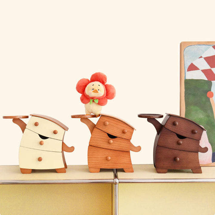 Zeitgenössische kreative Desktop-Aufbewahrung mit 3 Schubladen aus Kiefernholz, Sperrholz und Samt im Cartoon-Design für Wohnzimmer &amp; Eingangsbereich 