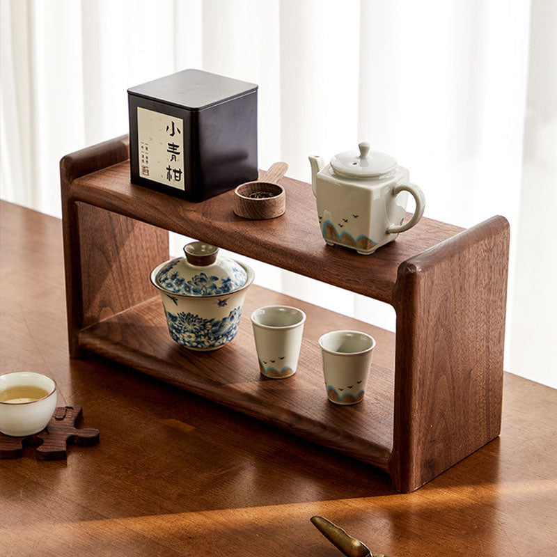 モダンレトロ エルム無垢材 長方形デスクトップ収納シェルフ 2段 ティーセット＆コーヒーカップ用 リビングルーム・ダイニングルーム向け 